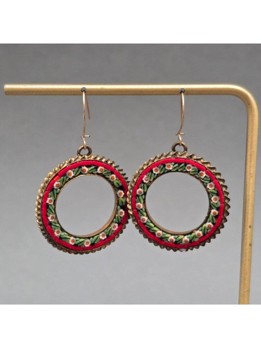 Vintage Micro Mosaic Picture Frame Drop Earrings Italian Floral Brass Setting - Picture 7 of 9